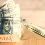 money in jar labeled savings representing retirement savings and long term investing