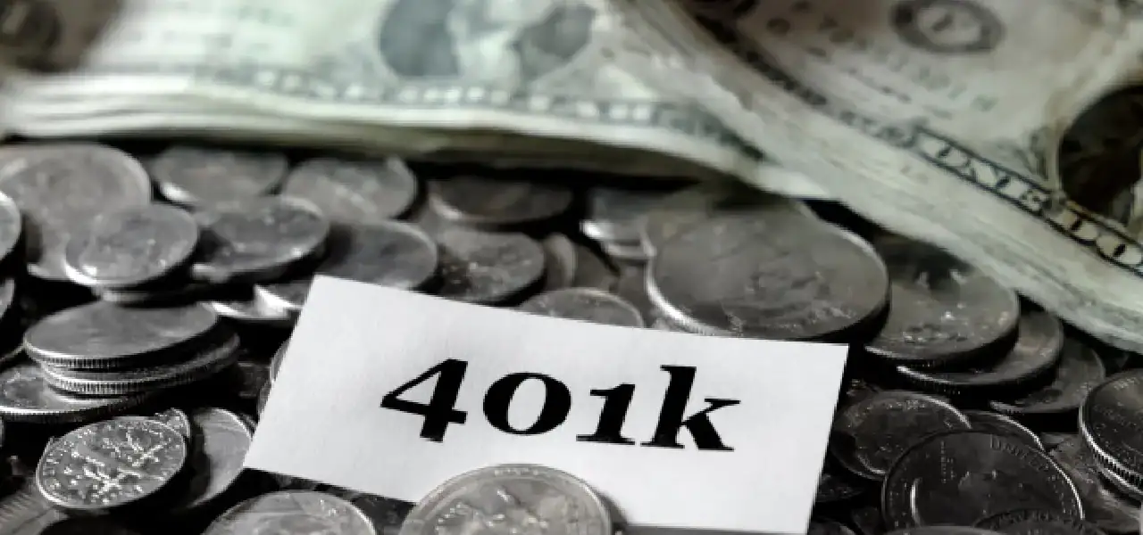 401k retirement savings concept showing coins and cash representing long term retirement investing