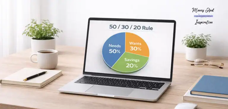 Laptop displaying a pie chart of the 50/30/20 budgeting rule
