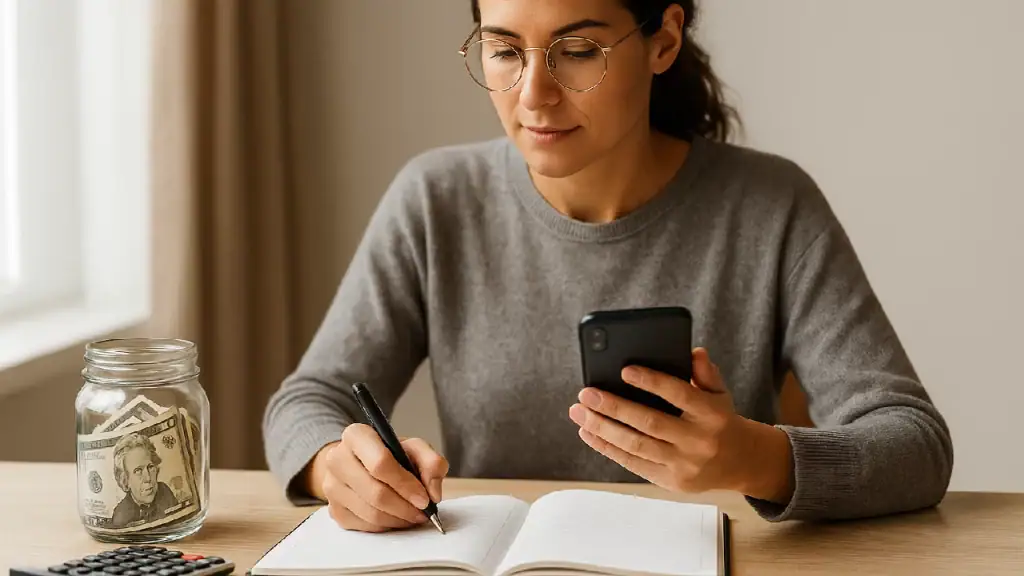 Woman reviewing finances and building an emergency fund by budgeting, saving money, and using a savings jar