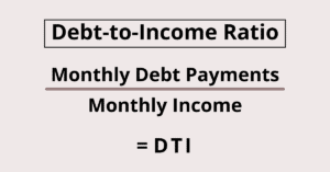 Debt-to-income ratio formula showing monthly debt payments divided by monthly income