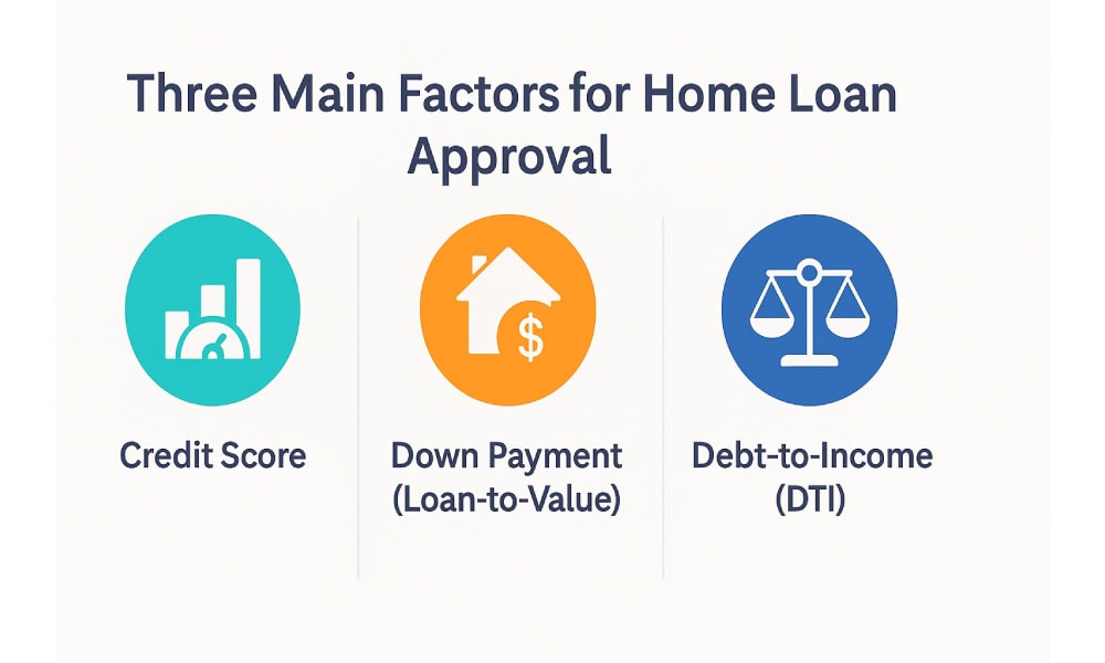 Infographic showing the three main factors that determine home loan approval: credit score, down payment or loan-to-value, and debt-to-income ratio