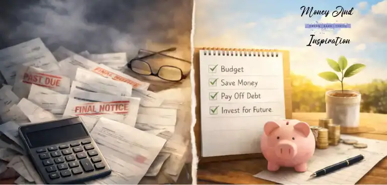 Split image showing financial stress with overdue bills and a calculator on the left, and financial stability with a budget checklist and piggy bank on the right.