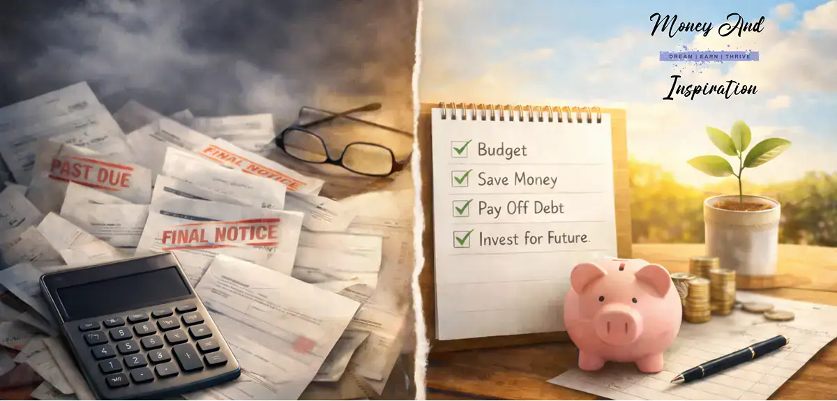 Split image showing financial stress with overdue bills and a calculator on the left, and financial stability with a budget checklist and piggy bank on the right.