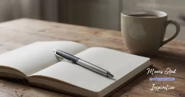 Open notebook and pen on a desk with coffee, representing a realistic and sustainable approach to budgeting