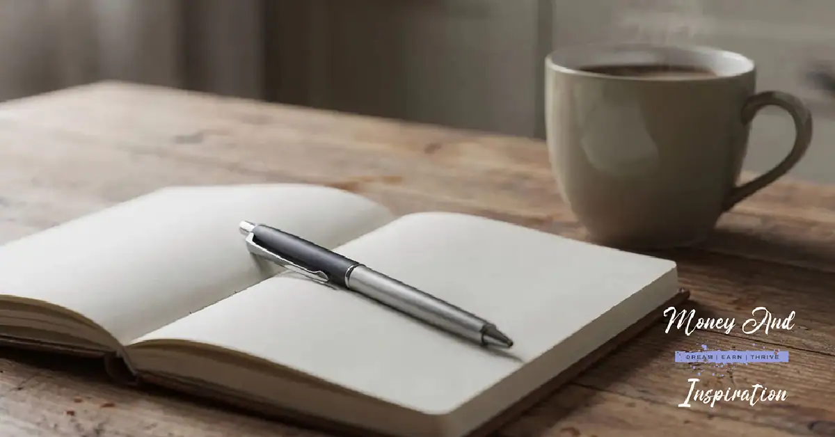 Open notebook and pen on a desk with coffee, representing a realistic and sustainable approach to budgeting