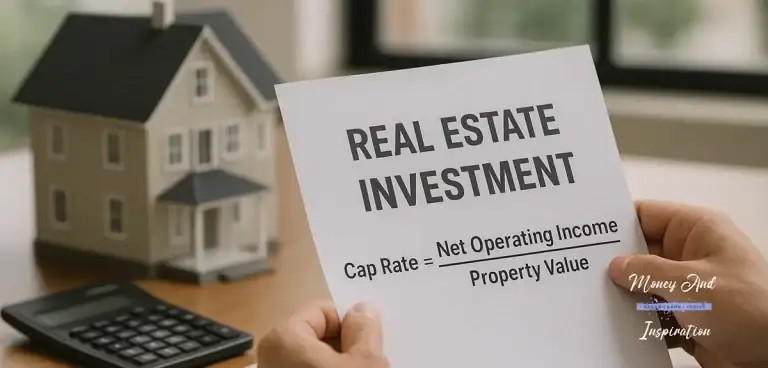 Cap rate formula showing net operating income divided by property value for real estate investing