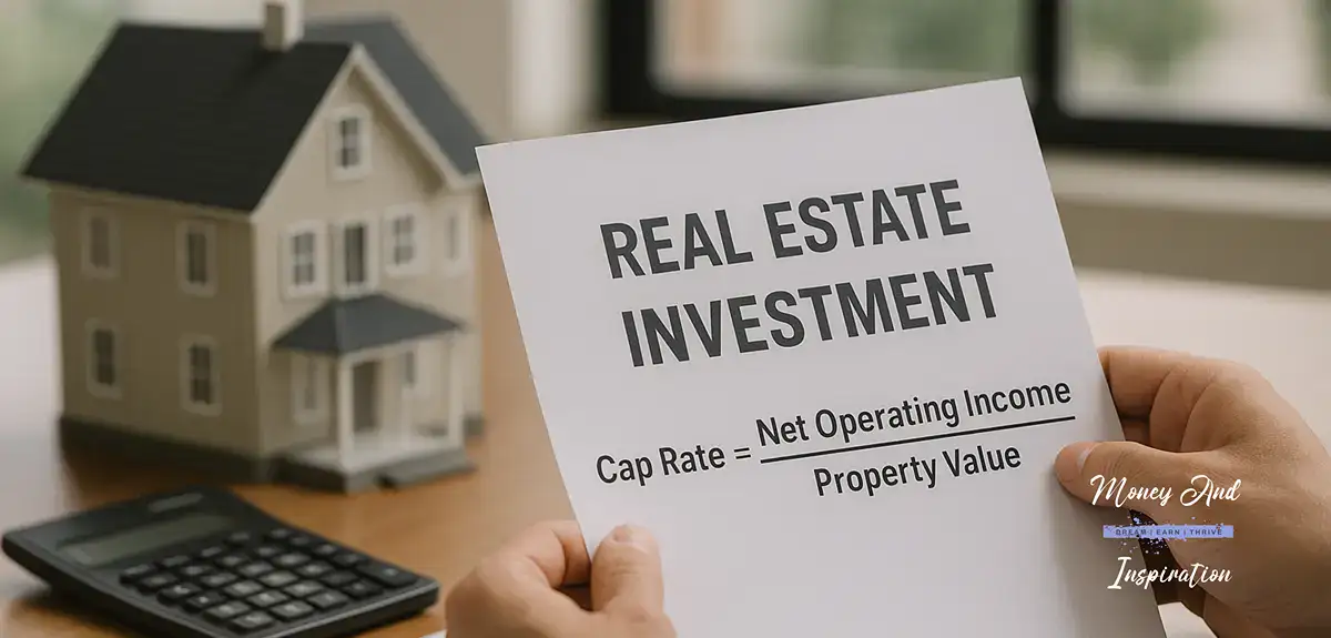 Cap rate formula showing net operating income divided by property value for real estate investing