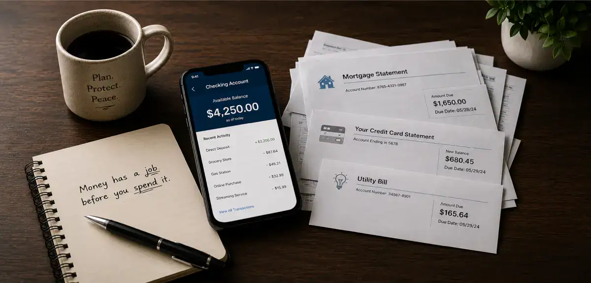 Checking account balance displayed on a smartphone beside mortgage, credit card, and utility bills on a desk