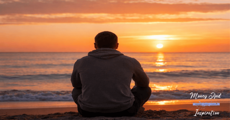 Person sitting on a beach at sunset reflecting on wealth, happiness, and life choices