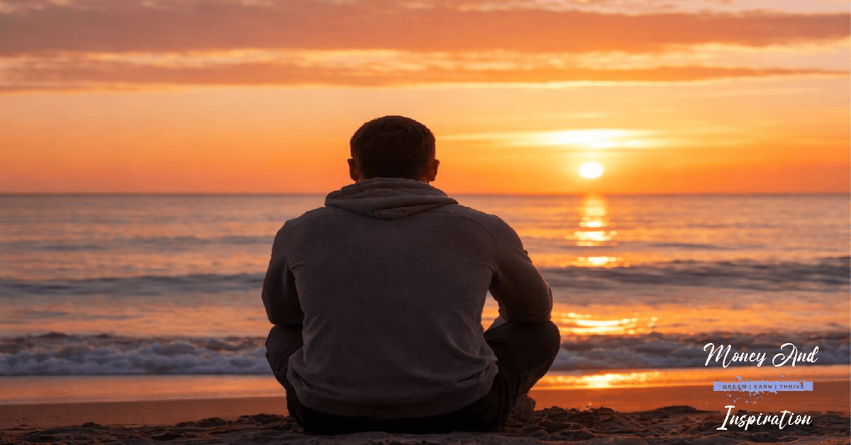 Person sitting on a beach at sunset reflecting on wealth, happiness, and life choices