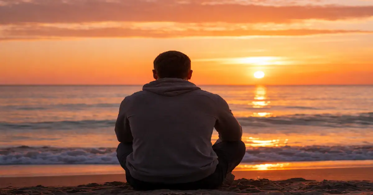 Person sitting alone on a beach at sunset reflecting on money, fulfillment, and life direction