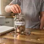 teen learning financial habits early in life by saving money in a jar