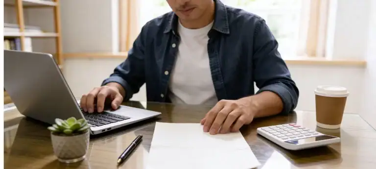 Young adult setting up finances for the first paycheck with calculator, laptop, and paper