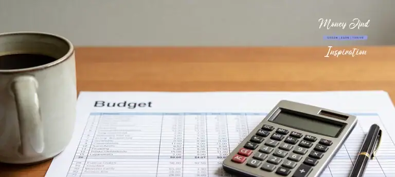 Budget planning sheet with calculator and coffee representing controlling your money and financial system