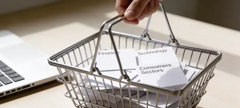 Hand lifting a basket of diversified investment sectors representing an ETF