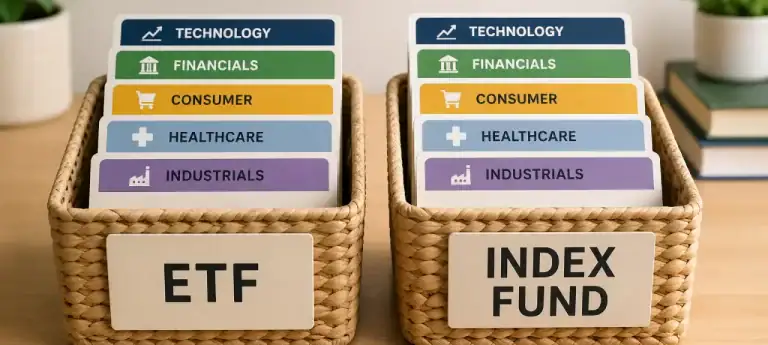 Side-by-side baskets comparing ETF and index fund with similar diversified investments