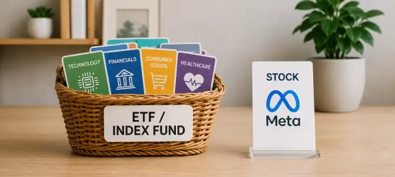 Basket of diversified ETF and index fund investments compared to a single Meta stock