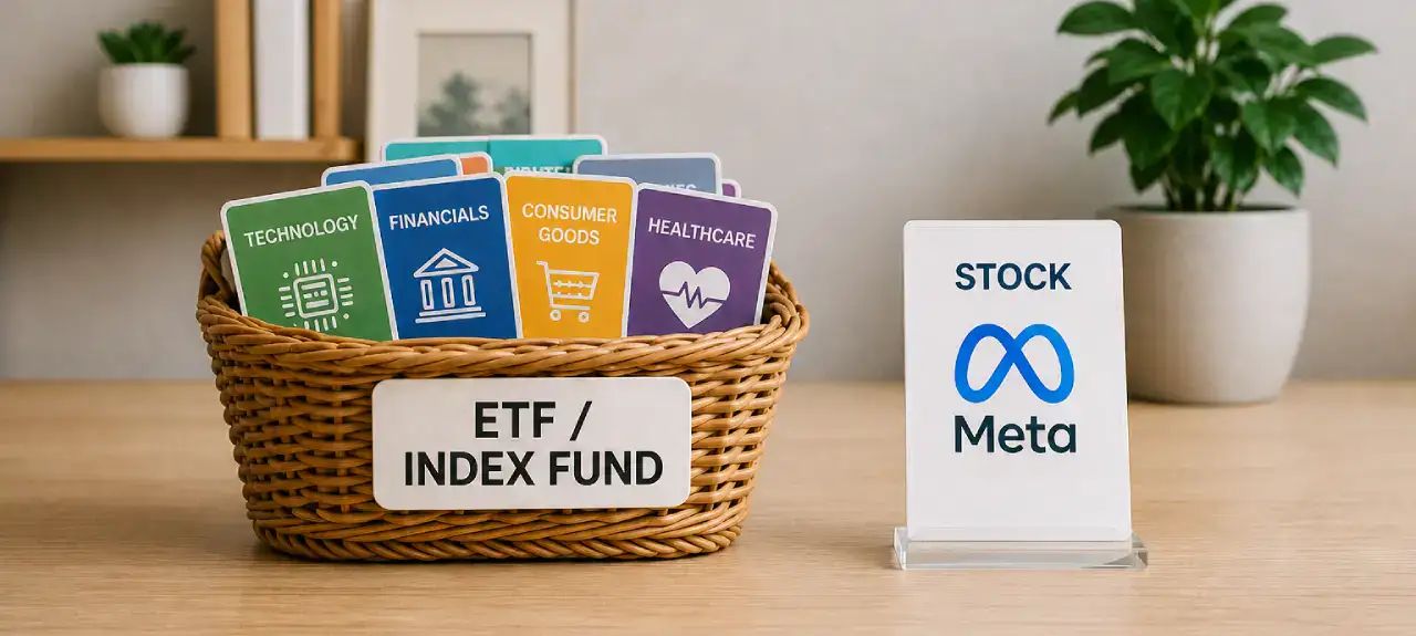 Basket of diversified ETF and index fund investments compared to a single Meta stock