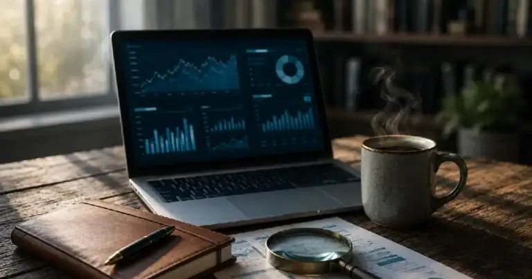 A wooden desk in soft window light with a laptop displaying financial dashboards, a leather journal with pen, a magnifying glass on research papers showing charts, and a steaming coffee mug — illustrating thoughtful stock research