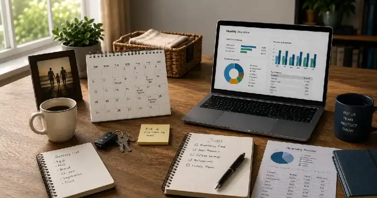 Desk with household planning items and financial reports illustrating how to manage your money like a business.