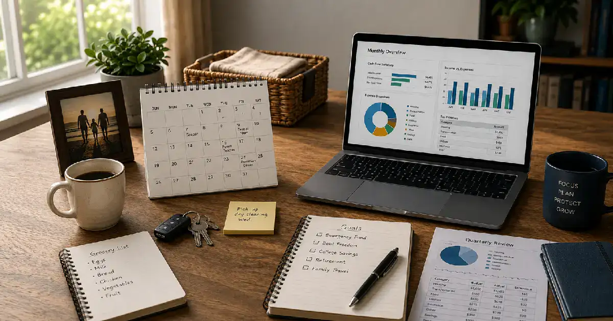 Desk with household planning items and financial reports illustrating how to manage your money like a business.