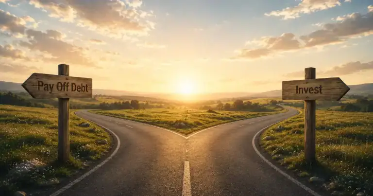 Fork in the road with signs pointing to paying off debt or investing, illustrating the decision