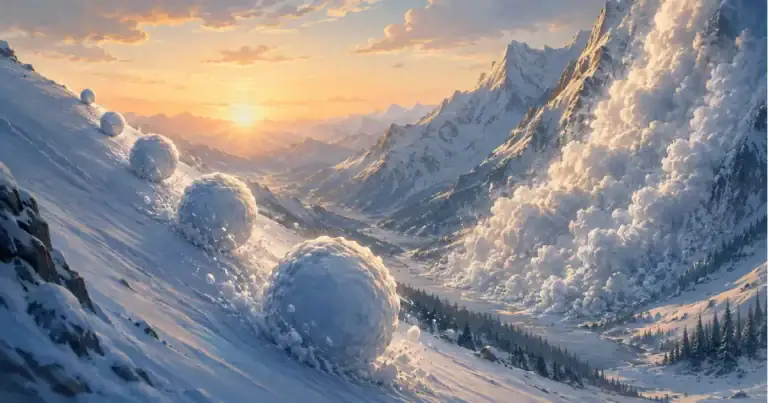 Snowballs rolling down one side of a mountain valley and an avalanche cascading down the other, illustrating the Snowball and Avalanche methods of paying off debt