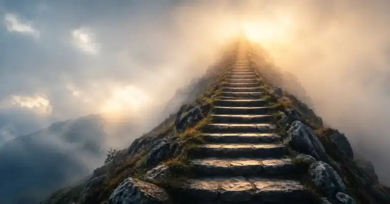 Stone staircase disappearing into fog and light symbolizing faith, uncertainty, and taking the first step