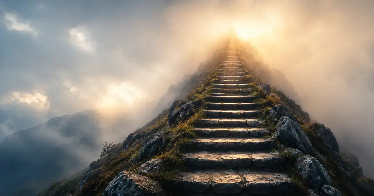 Stone staircase disappearing into fog and light symbolizing faith, uncertainty, and taking the first step