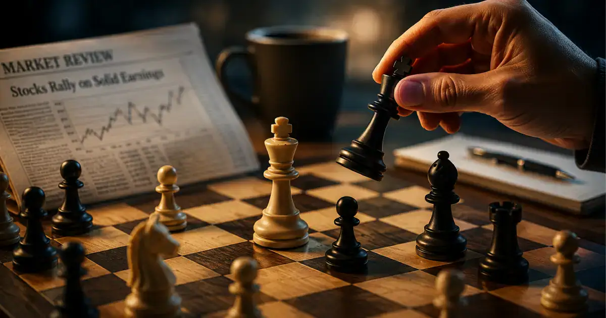 Hand moving a chess piece above a chessboard beside financial news and market charts, symbolizing strategic stock selling decisions.