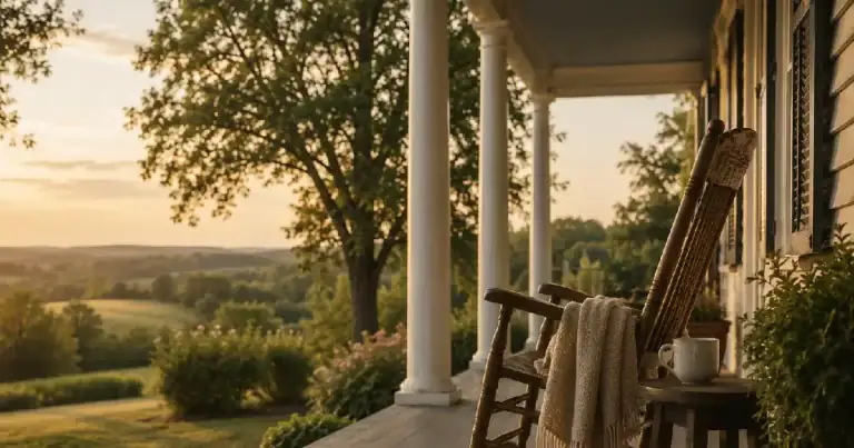 A wooden rocking chair with a knit throw on the porch of a paid-off home, looking out over rolling hills at sunset.