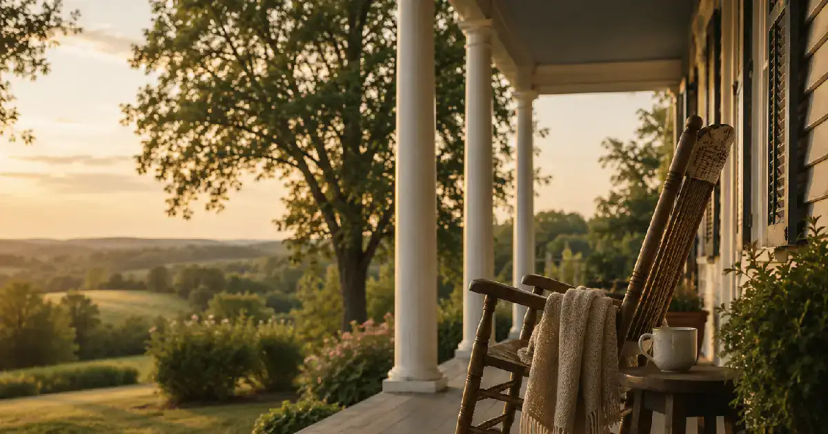 A wooden rocking chair with a knit throw on the porch of a paid-off home, looking out over rolling hills at sunset.