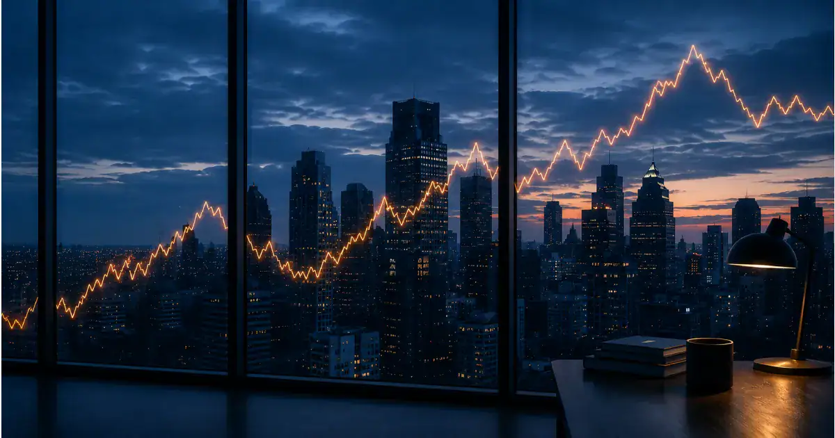 Pre-dawn city skyline at blue hour with a glowing line resembling a market chart rising across the sky, viewed from a high-rise office window.