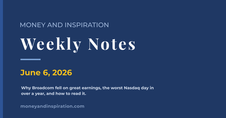 Money and Inspiration Weekly Notes cover for June 6, 2026, covering the AI rally pullback, Broadcom's drop on great earnings, the worst Nasdaq day in over a year, and the Cerebras update.