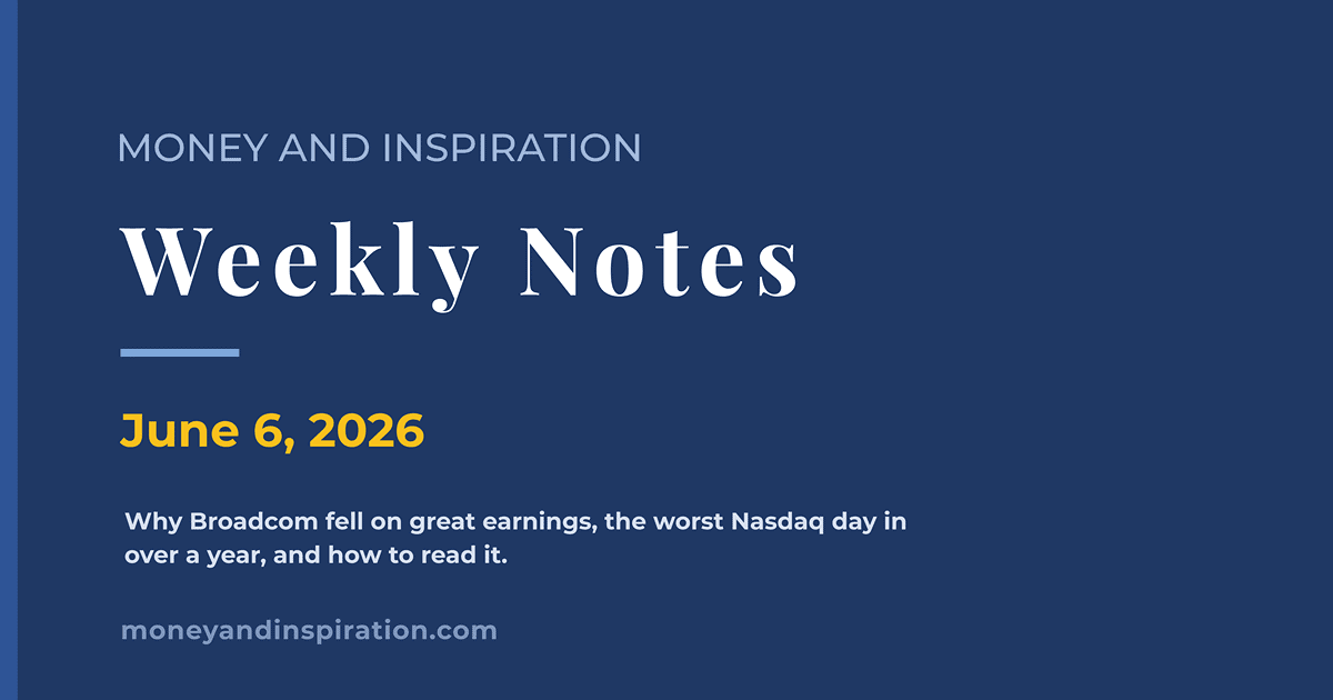 Money and Inspiration Weekly Notes cover for June 6, 2026, covering the AI rally pullback, Broadcom's drop on great earnings, the worst Nasdaq day in over a year, and the Cerebras update.