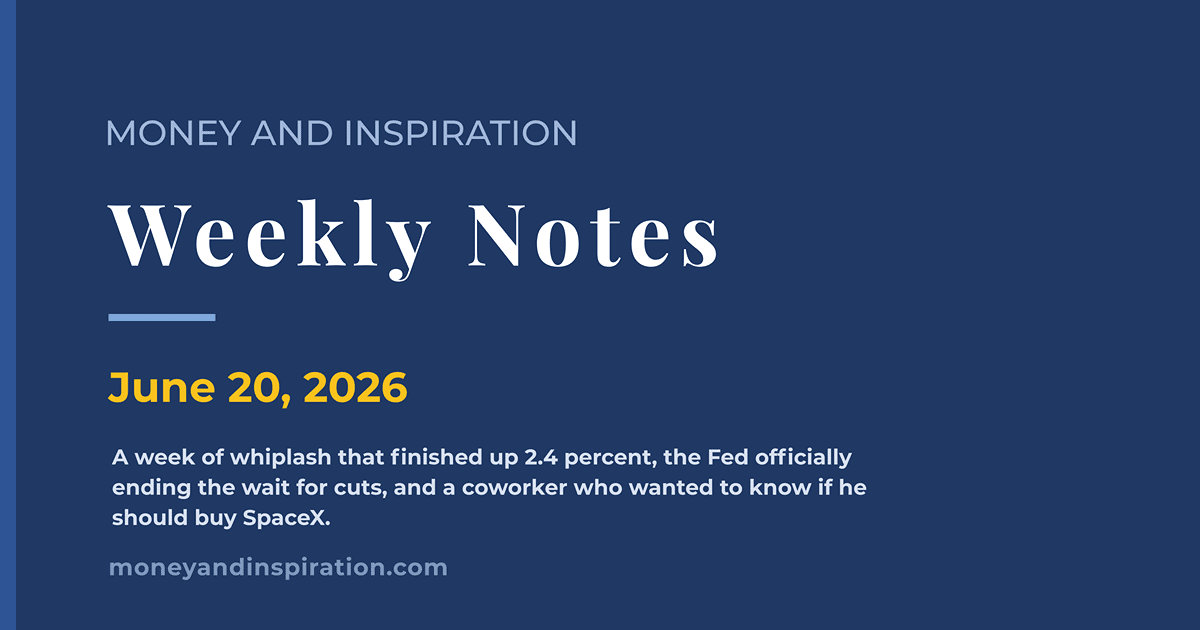 Money and Inspiration Weekly Notes cover for June 20, 2026, covering the Nasdaq's round-trip week from Iran deal optimism through a hawkish Federal Reserve dot plot to a chip-led recovery, plus continuing analysis of SpaceX's first week as a public stock.
