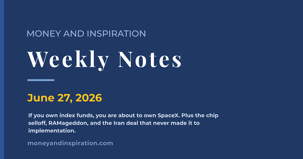 Money and Inspiration Weekly Notes cover for June 27, 2026, covering the Nasdaq Composite's five-day losing streak driven by chip stocks, SpaceX's July 7 addition to the Nasdaq 100 index and what that means for passive index investors, and the Iran ceasefire that fell apart before reaching implementation.