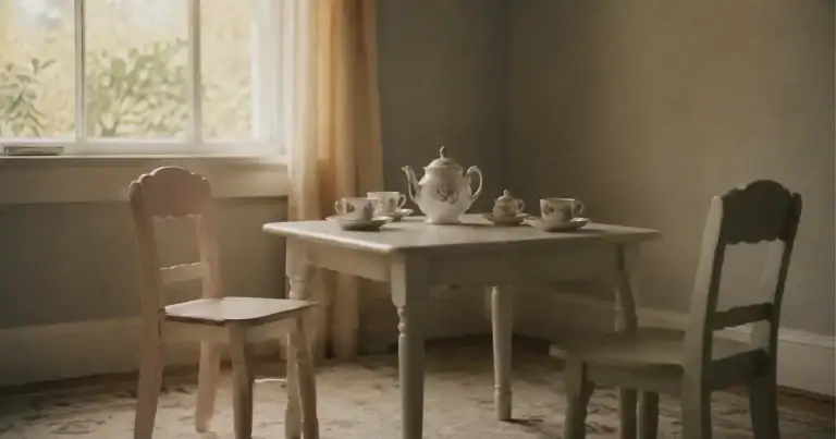 A child's tea set on a small table with two empty chairs in soft morning light