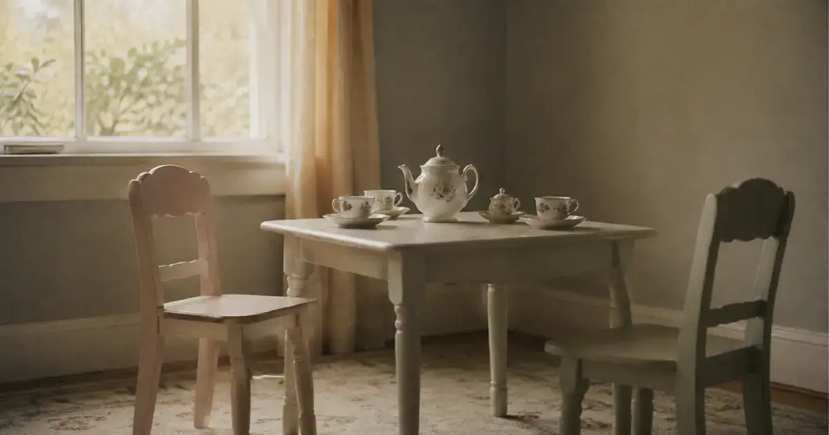 A child's tea set on a small table with two empty chairs in soft morning light