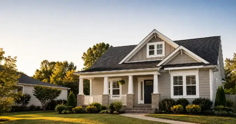 A well-kept craftsman-style single-family home with a covered front porch in warm evening light.