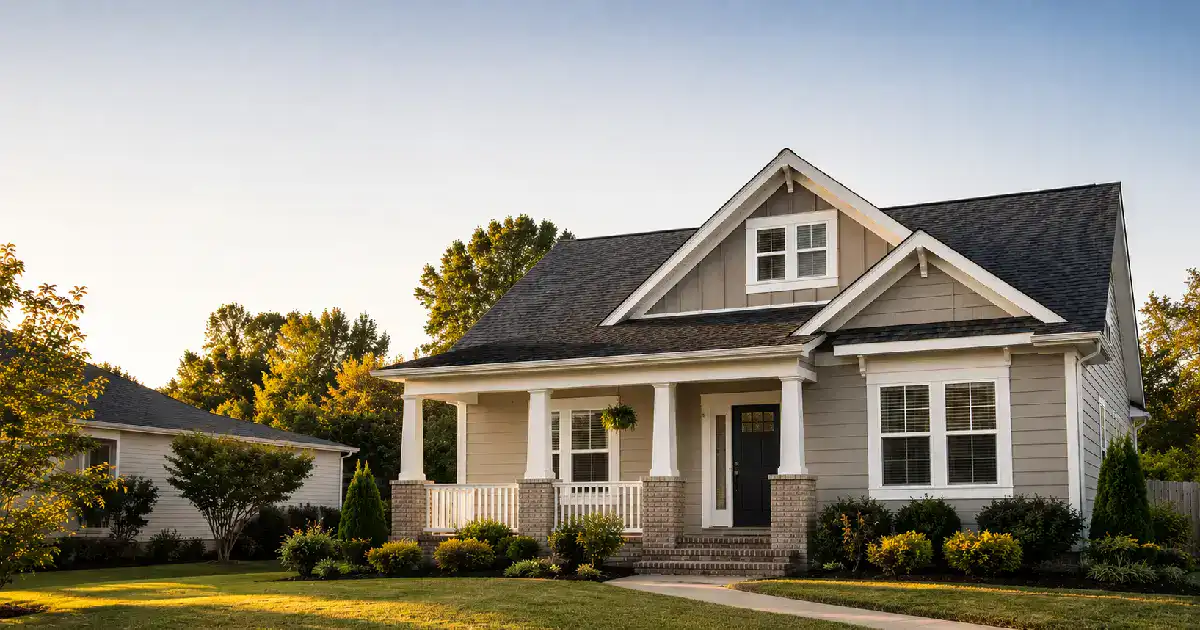 A well-kept craftsman-style single-family home with a covered front porch in warm evening light.