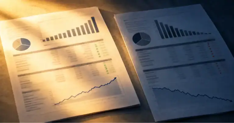Two printed earnings releases side by side, one rising in warm light and one falling in cool shadow.