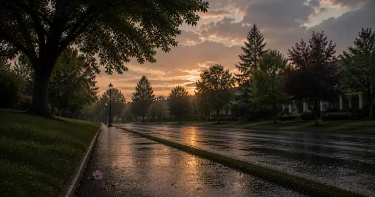 A pink blossom and fallen petals on a wet sidewalk at sunrise after a night of rain.