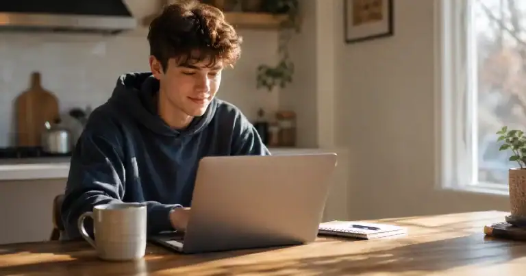 Young man in a hoodie opening a Roth IRA on a laptop at a kitchen table in morning light