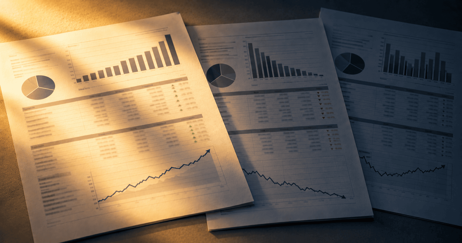 Three printed earnings releases side by side under warm and cool light, showing rising and falling charts