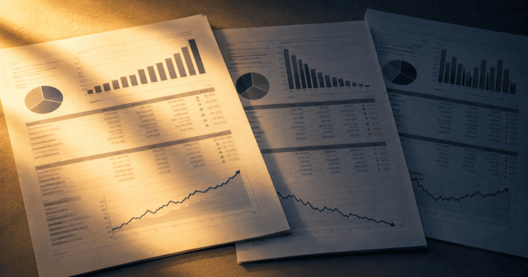 Three printed earnings releases side by side under warm and cool light, showing rising and falling charts