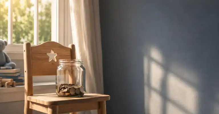 A child's wooden chair by a window with a glass jar of coins, morning light.