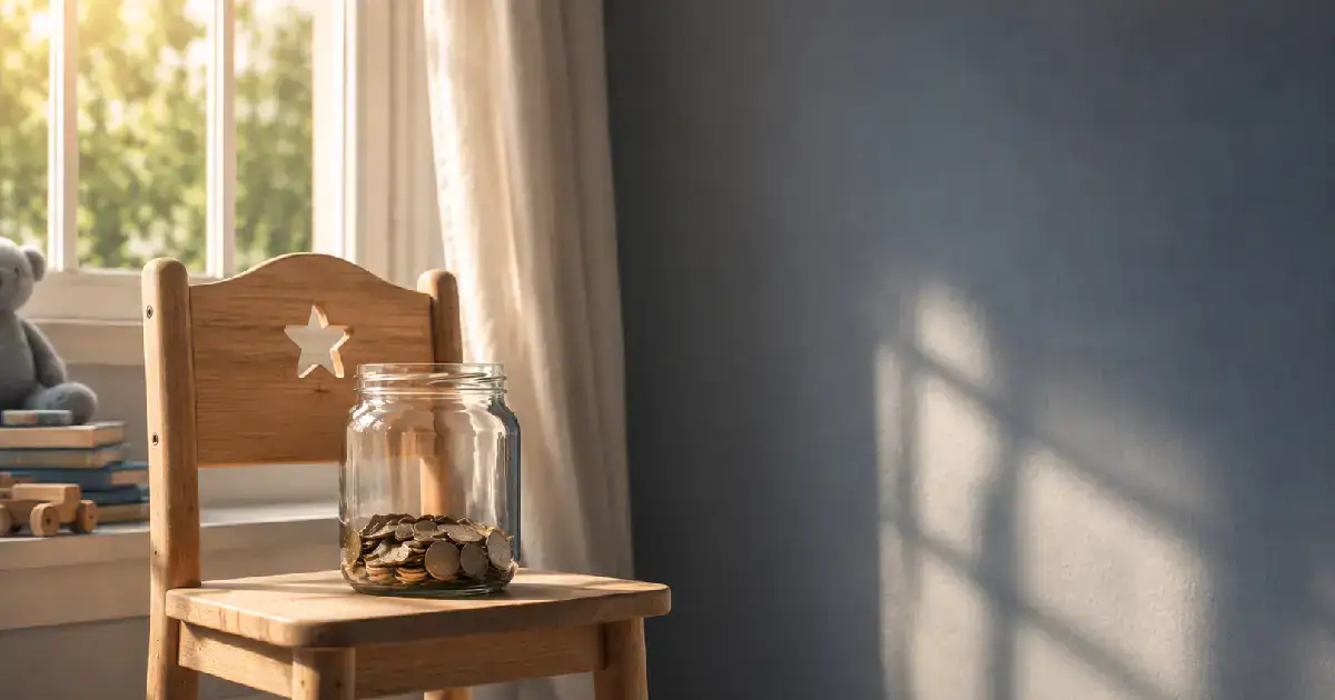 A child's wooden chair by a window with a glass jar of coins, morning light.