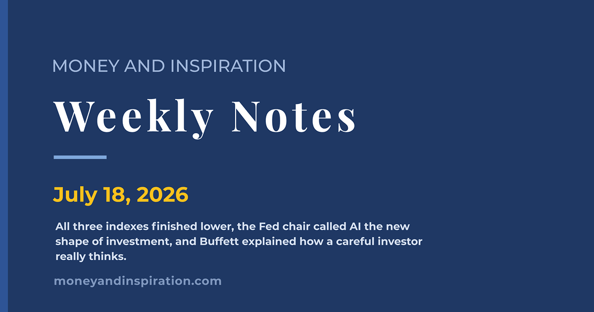 Money and Inspiration Weekly Notes card for July 18, 2026, with the week's summary of stock market declines, the Fed chair on AI investment, and Buffett on careful investing.